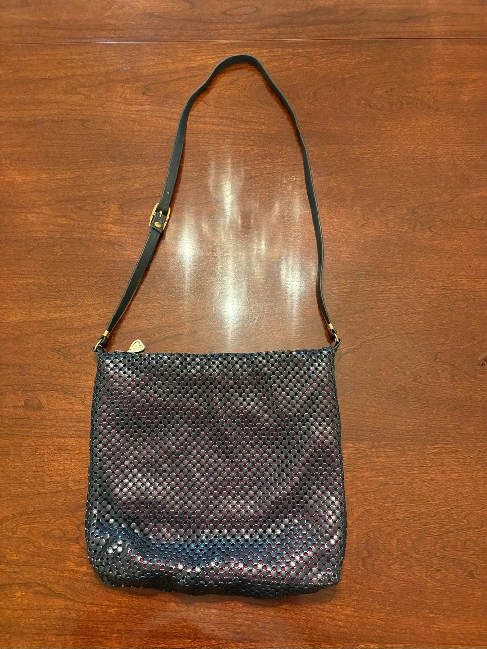 Whiting and Davis Navy Blue Metal Mesh with Leather Strap Crossbody Shoulder Bag